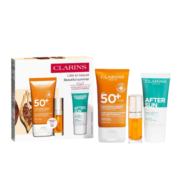 set-clarins-clarins-hydrating-sunscreen-cream-for-face-spf-50-50-ml-after-sun-regenerating-after-sun-balm-30-ml-lip-confort-lip-oil-01-7-ml-1756901889 Set Clarins: Clarins, Hydrating, Sunscreen Cream, For Face, SPF 50+, 50 ml + After Sun, Regenerating, After-Sun Balm, 30 ml + Lip Confort, Lip Oil, 01, 7 ml